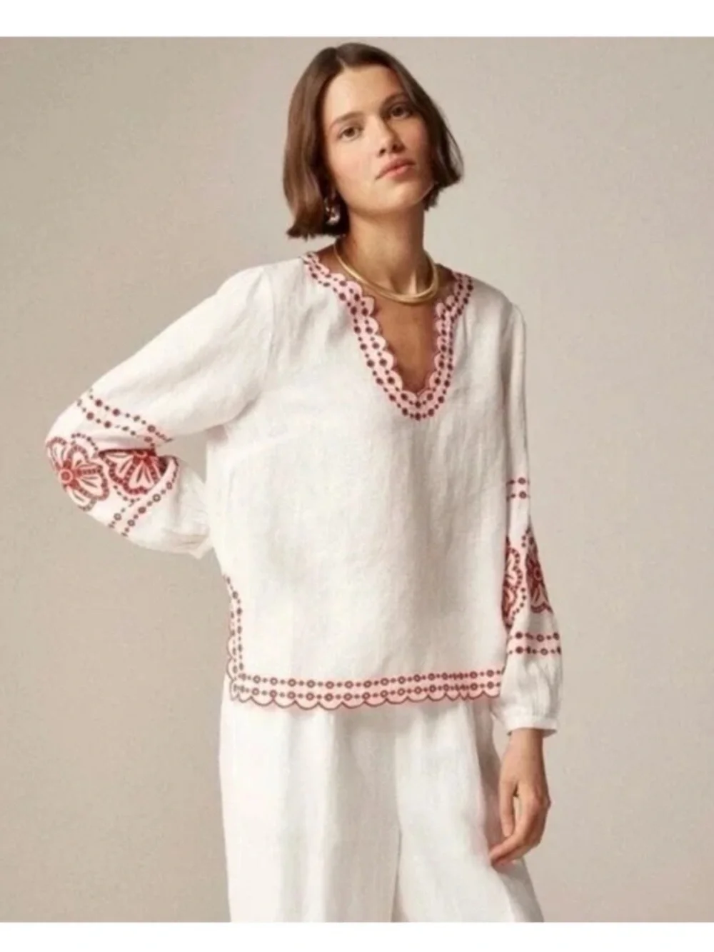 J. Crew White Bungalow Embroidered Linen Blouse 3X